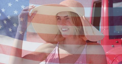 Woman Enjoying Beach Day with Overlay of American Flag