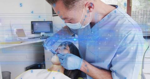 Dentist performing high-tech dental exam with digital overlay in modern clinic