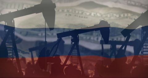 Oil Pump Jacks Silhouetted Against Russian Flag and Currency - Download Free Stock Images Pikwizard.com