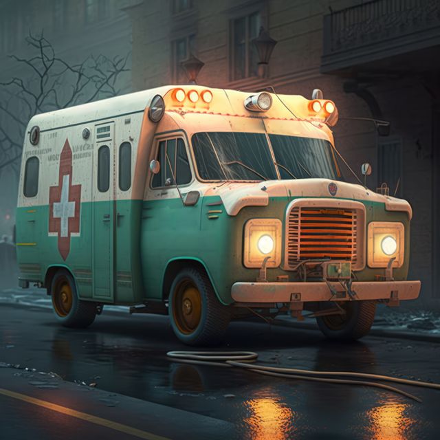 Ambulance parked in city street, created using generative ai technology. Ambulance and emergency medical services concept digitally generated image.