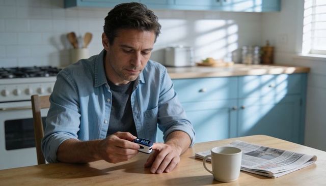 Middle-aged man checking oxygen with fingertip pulse oximeter at kitchen table morning