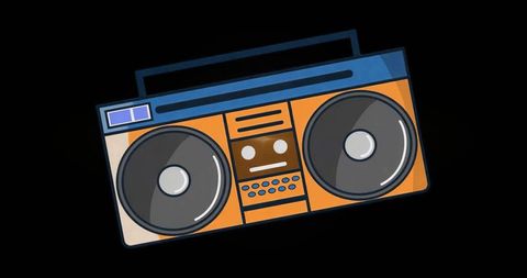 Floating retro boombox on dark background featuring dual speakers and cassette deck