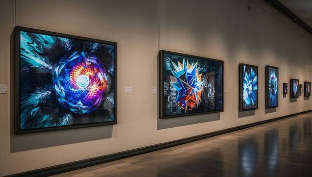 Vibrant digital abstract artworks exhibit in modern gallery