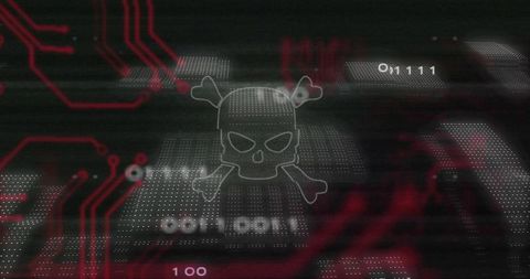 Holographic skull and crossbones hovering over glitch cyber grid with red PCB traces