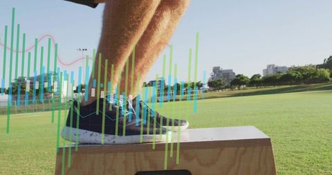Athlete stepping on plyo box with wearable data overlay for outdoor fitness training