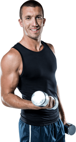 Smiling athlete lifting dumbbells on transparent background