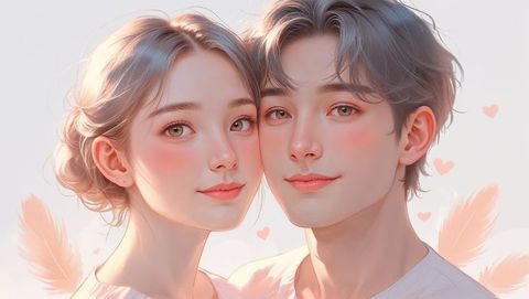 Pastel harmony cute couple with feather and heart icons