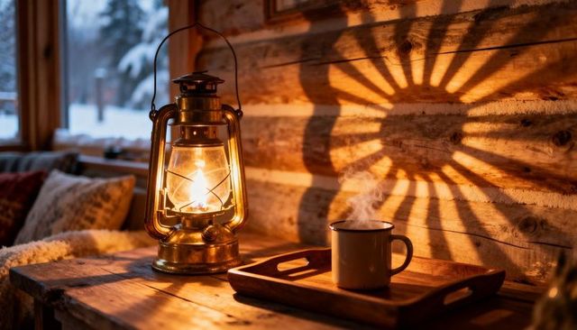 Warm Glow Lantern and Steaming Enamel Mug on Rustic Log Cabin Table Casting Sunburst Shadow