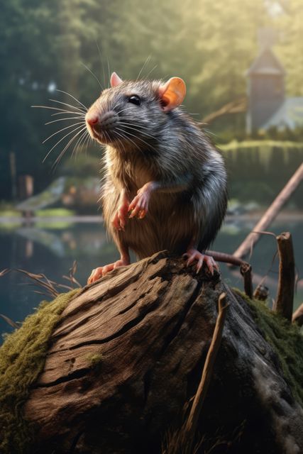 A rat standing on a moss-covered tree stump in a forest with soft morning light. Ideal for use in wildlife articles, nature-focused content, educational materials about rodents, and backgrounds for storytelling about forest settings. This captures the essence of a small mammal in its natural habitat.