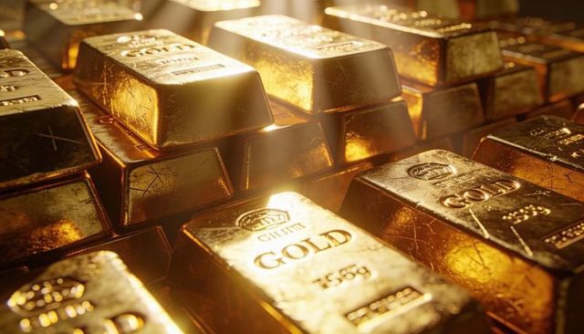 Stacked gold bars reflecting warm vault light, shiny bullion ingots exuding luxury