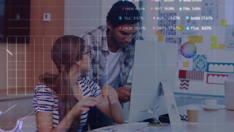 Diverse Team Collaborating in Office with Financial Data Graphics