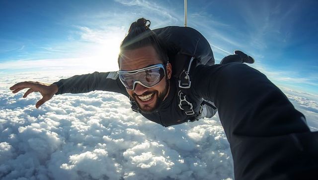 Smiling skydiver soaring above clouds taking selfie with goggles and parachute harness