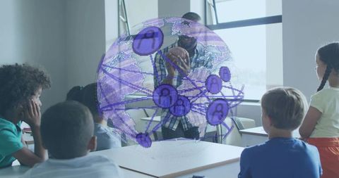 Teacher presenting holographic globe while holding basketball in classroom lesson