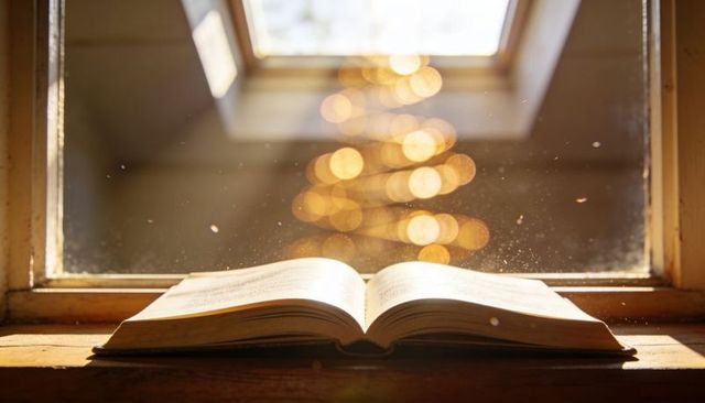 Backlit open book on wooden windowsill with golden bokeh and floating dust motes