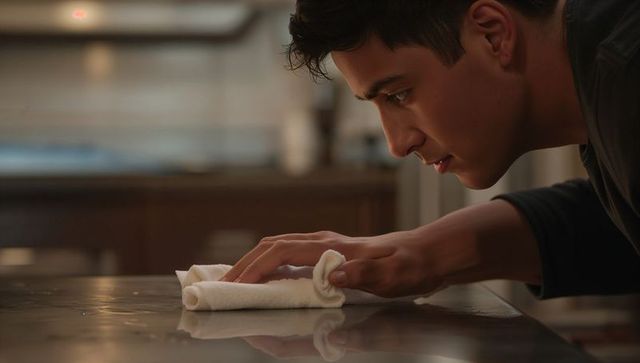 Young man polishing kitchen counter with cloth, focused cleaning and warm reflections