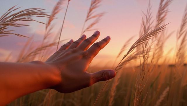 Hand Touching Tall Grasses in Tranquil Sunset Field