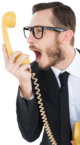 Frustrated businessman shouting at yellow phone on transparent background