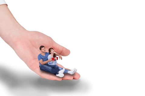 Giant hand holding tiny caucasian couple on transparent background