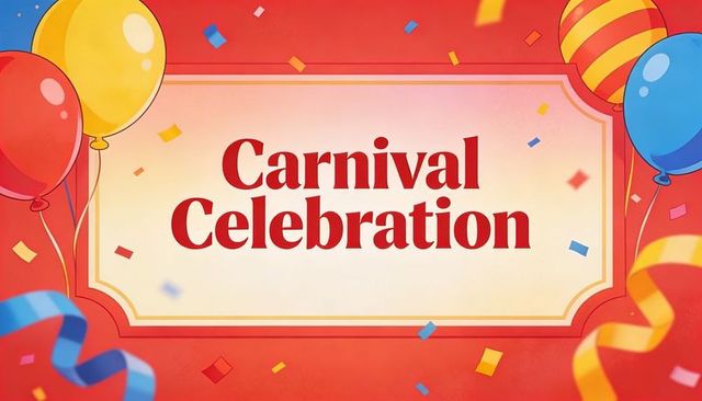 Vibrant carnival celebration banner featuring balloons, confetti, colorful ribbons