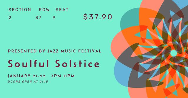 Colorful jazz music festival ticket template features an artistic design ideal for various cultural events. It includes crucial ticket information such as section, row, seat number, and price. Perfect for jazz festivals, music concerts, and other artistic occasions. Customize it for your event to attract attendees with its vibrant and appealing design.