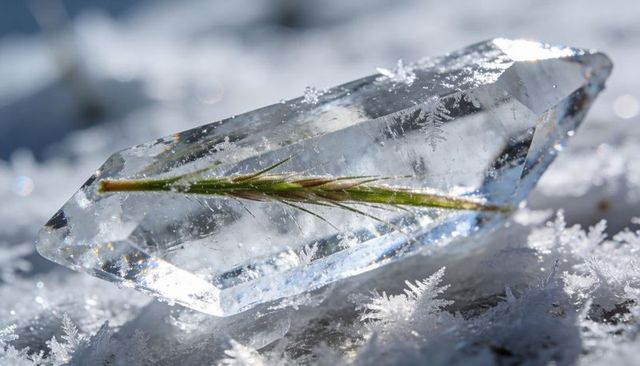 Crystal prism encasing pine needle on frosted snow, macro sparkling winter close-up