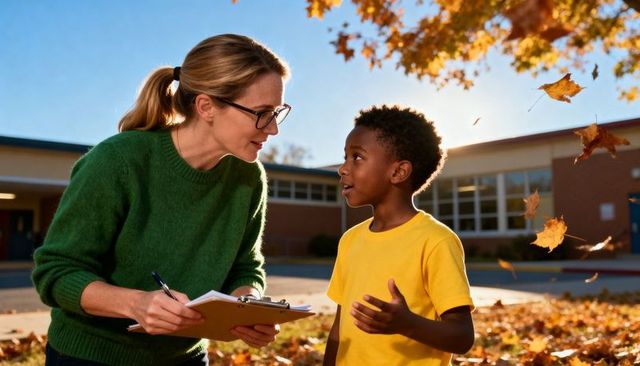 Teacher mentoring elementary student outdoors during autumn recess with falling leaves