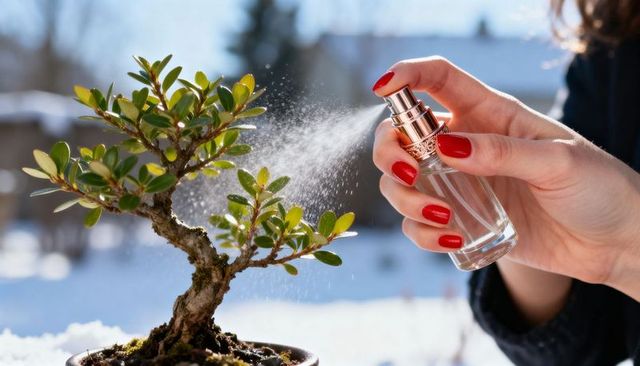 Hand spraying bonsai with fine mist from perfume bottle in snowy outdoor scene