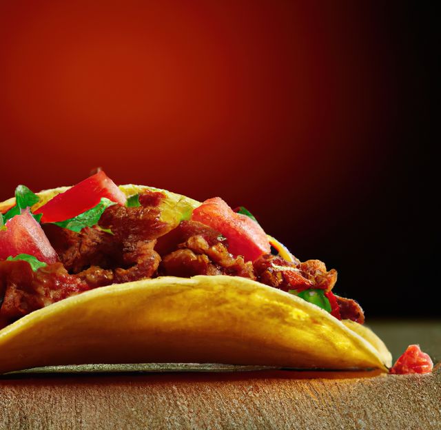 This image depicts a close-up view of a delicious taco filled with beef, fresh tomatoes, and other ingredients on a rustic wooden table against a dark background. Ideal for culinary blogs, restaurant menus, food advertising, or articles about Mexican cuisine.
