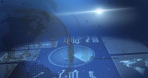 Futuristic digital interface with dotted globe and radar overlay