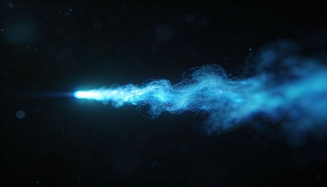 Flowing cyan particle stream twisting across dark void with bright emission point neon glow