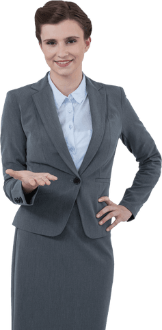 Confident Businesswoman in Gray Suit Offering Gesture Transparent Background