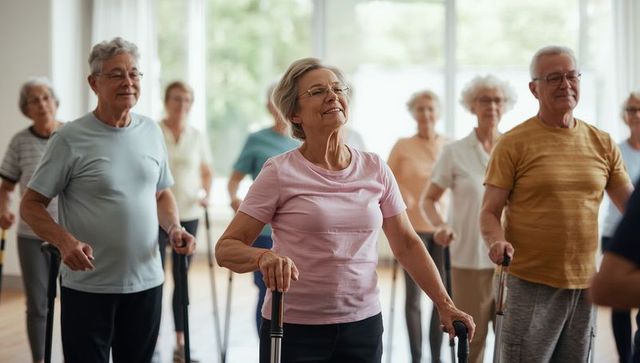 Senior group fitness class with walking poles in bright studio