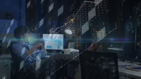 Man Analyzing Financial Data with Animated Overlays at Night