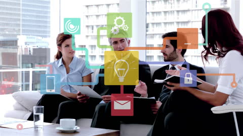 Business Meeting in Modern Office with Digital Overlays