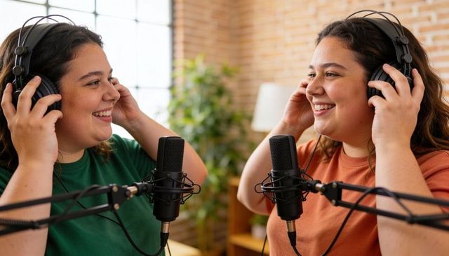 Two hosts recording podcast in cozy home studio wearing headphones and smiling