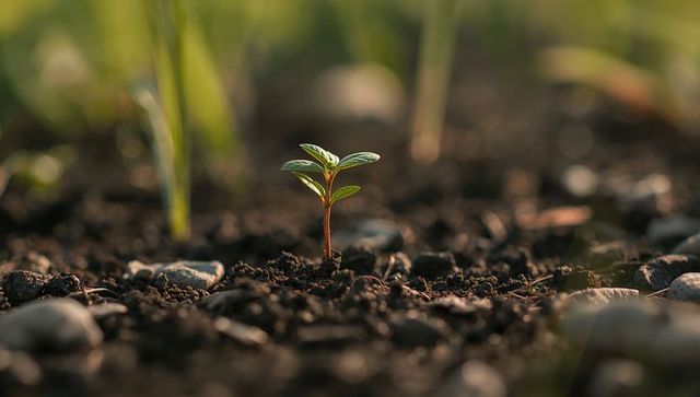 Young Seedling Emerging in Nourishing Earthy Soil with Soft Focus Background