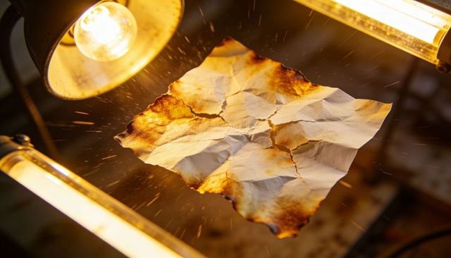 Burning crumpled paper with charred edges, sparks and glowing tubular lights for texture