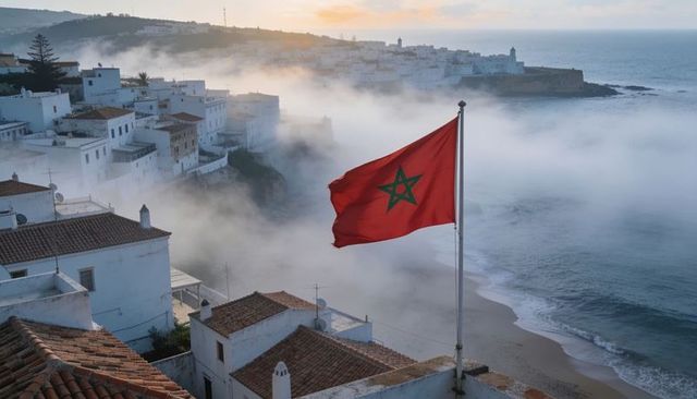 Moroccan flag billowing over foggy atlantic bay with whitewashed cliffside village at dawn
