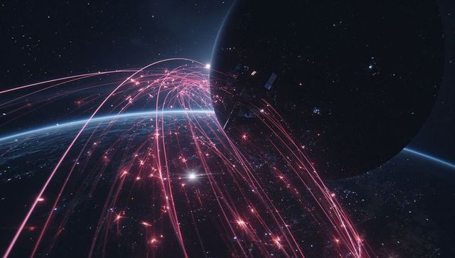 Futuristic space station with emitting energy beams above planet