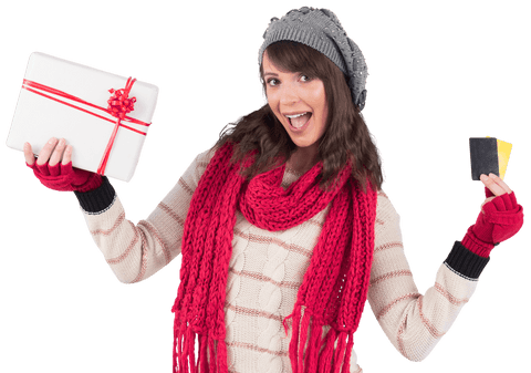 Excited Young Woman in Winter Clothes Holding Gift and Credit Cards Transparent - Download Free Stock Videos Pikwizard.com