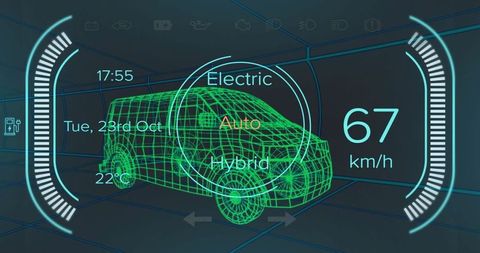 Futuristic electric van interface display with wireframe design
