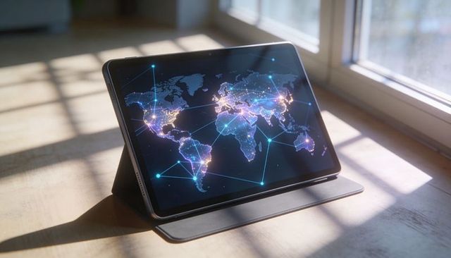 Tablet displaying glowing global network map with nodes and connected lines on wooden desk