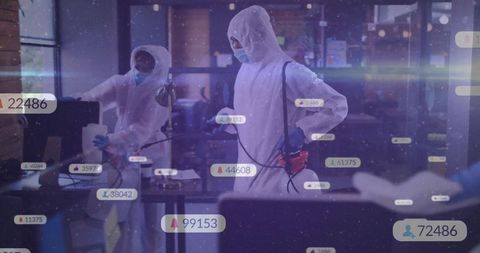 Disinfecting Office with Digital Data Overlays Highlighting Efficiency