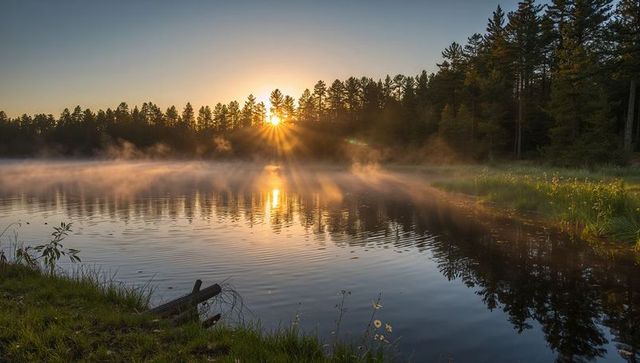 Sunburst sunrise over misty forest lake at dawn with golden mirror reflection