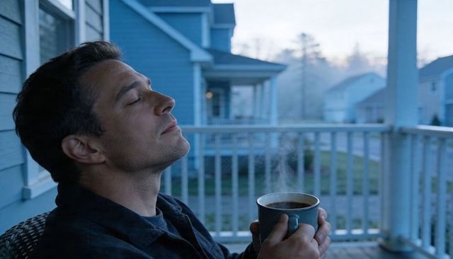 Man relaxing on front porch holding steaming coffee mug at dawn