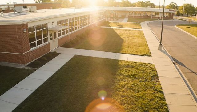 Sunlight bathing red brick school courtyard featuring walkways and window-lined corridors