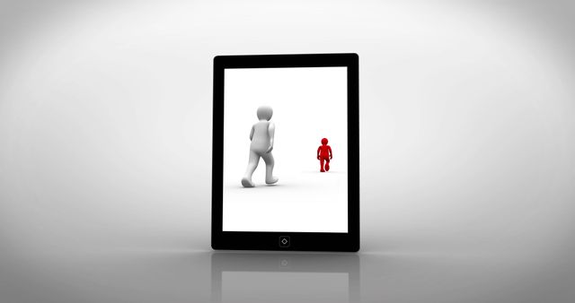 White and red characters walking displayed on tablet pc on white background