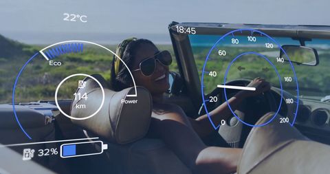 Woman Driving Convertible with Futuristic HUD Elements