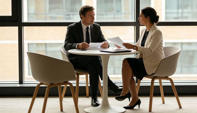 Executives reviewing documents at round white table in modern office collaborating