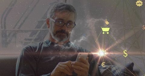 Mature man tapping smartphone with augmented shopping holograms and currency icons overlay